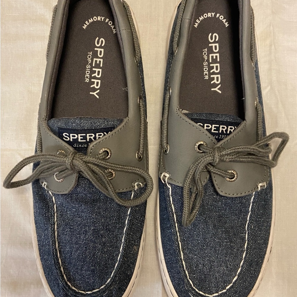 Sperry Navy Denim Style Canvas and Gray Leather-Trim Boat Shoes Men’s Size 10